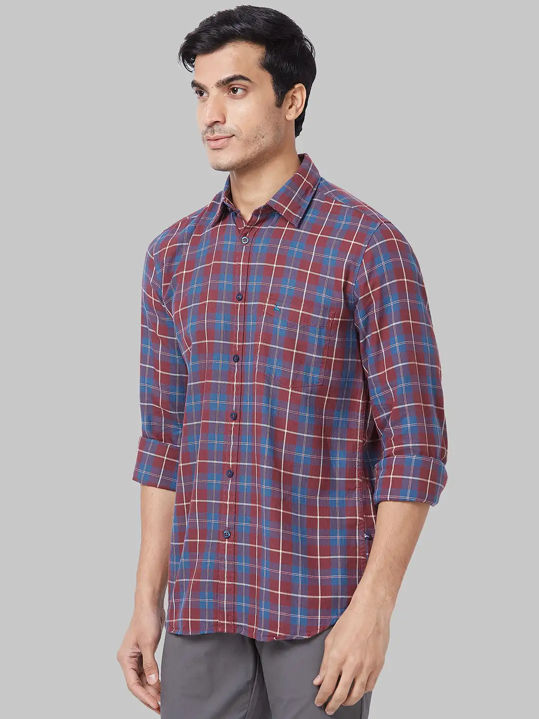Men Red Slim Fit Checks Cotton Full Sleeve Shirts - Image 3