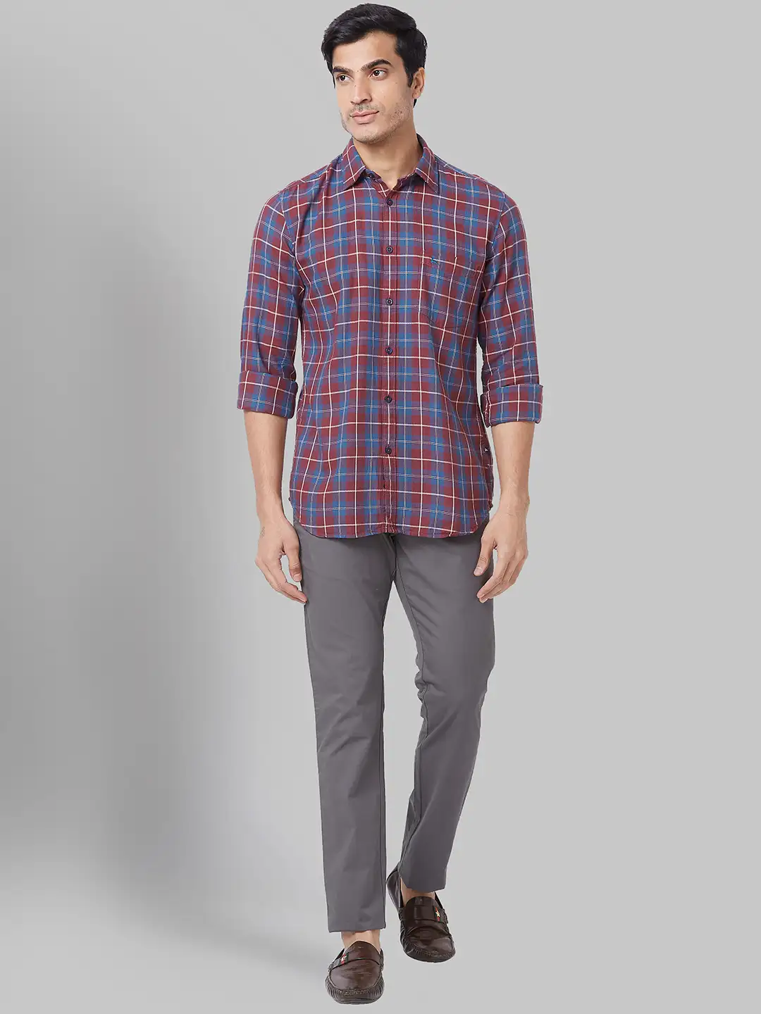 Men Red Slim Fit Checks Cotton Full Sleeve Shirts - Image 5