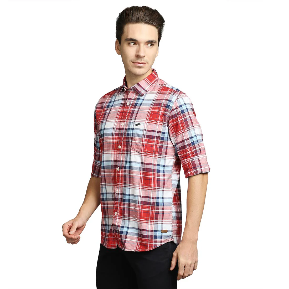 Men Red Slim Fit Checks Cotton Full Sleeve Shirts - Image 3
