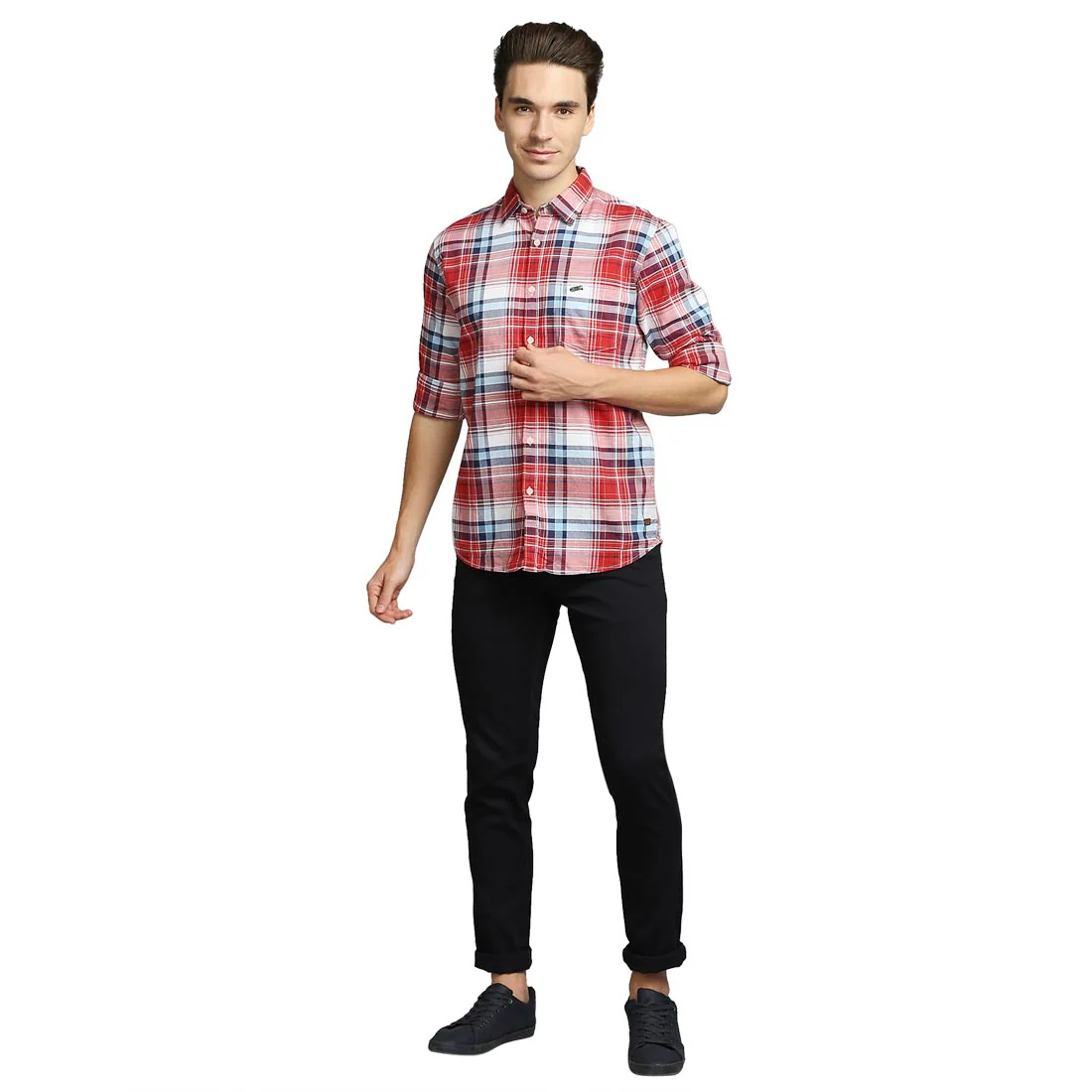 Men Red Slim Fit Checks Cotton Full Sleeve Shirts - Image 5