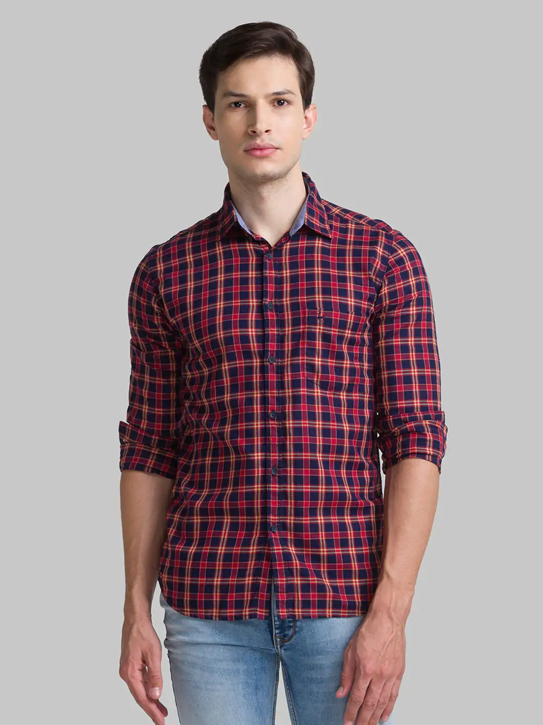 Men Red Slim Fit Checks Cotton Full Sleeve Shirts