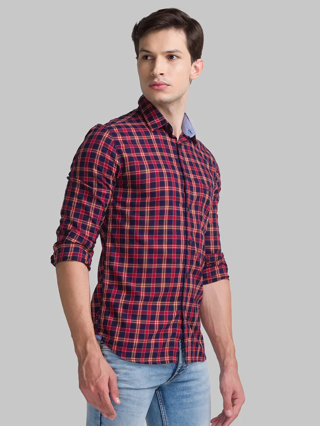 Men Red Slim Fit Checks Cotton Full Sleeve Shirts - Image 2