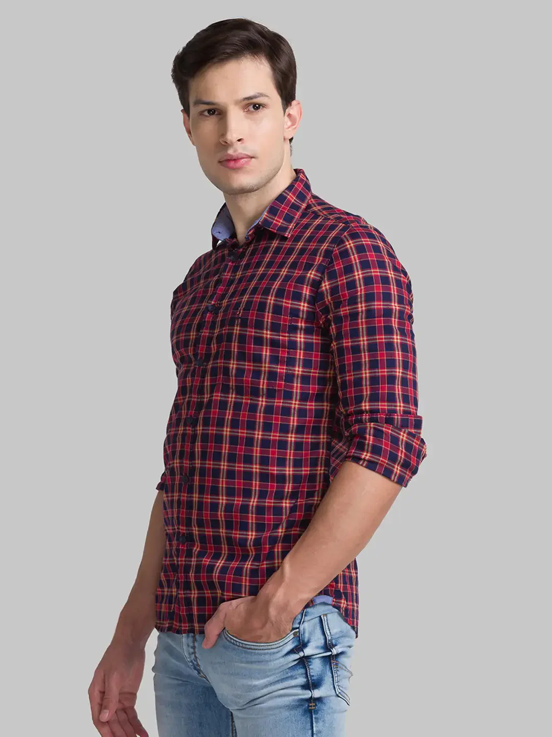 Men Red Slim Fit Checks Cotton Full Sleeve Shirts - Image 3