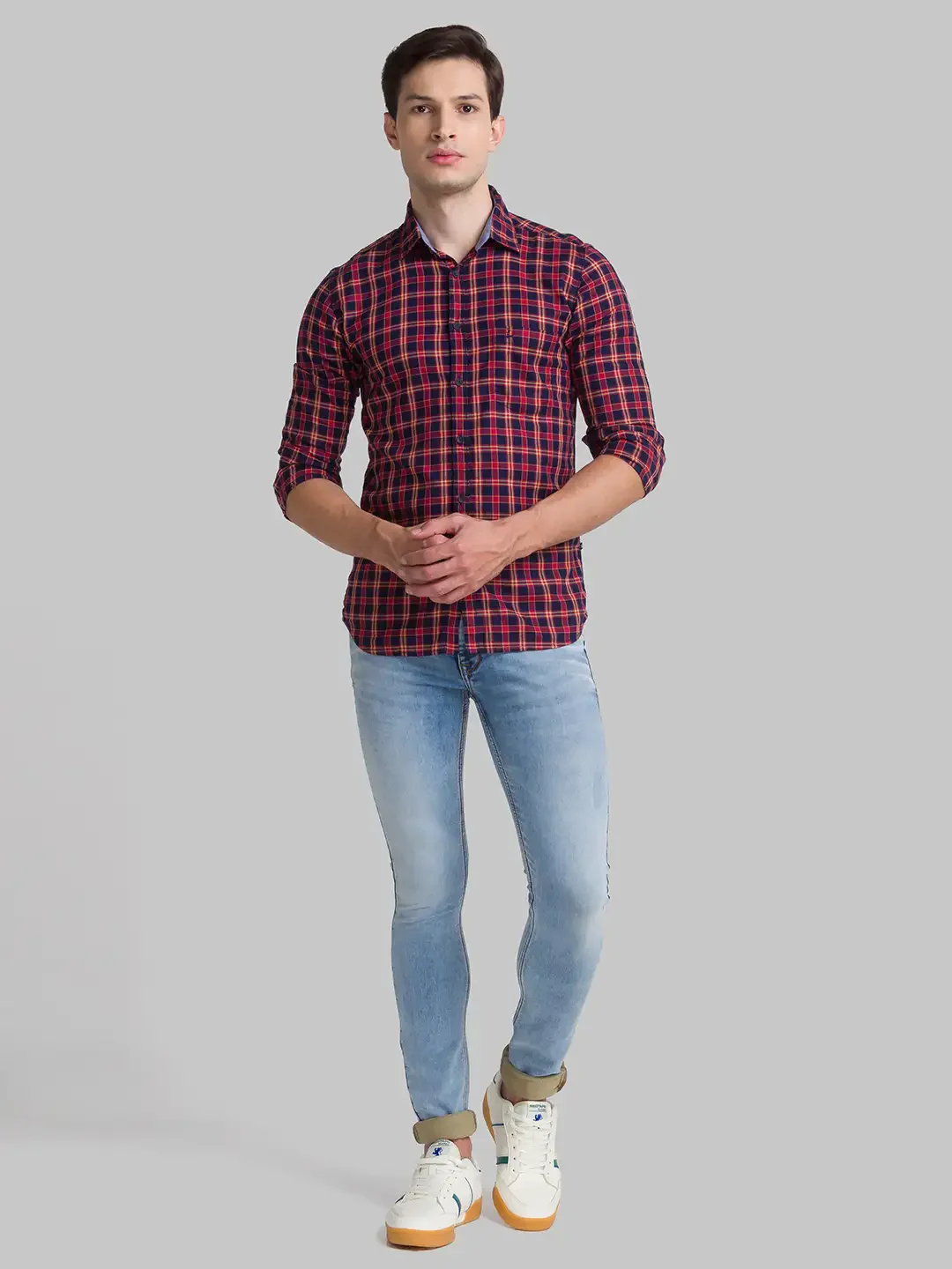 Men Red Slim Fit Checks Cotton Full Sleeve Shirts - Image 5