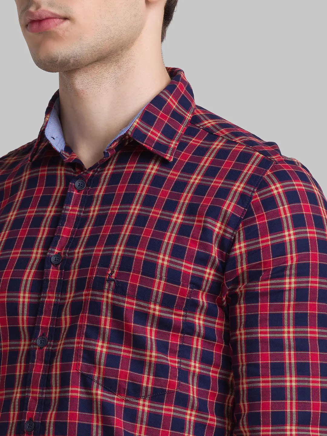 Men Red Slim Fit Checks Cotton Full Sleeve Shirts - Image 6