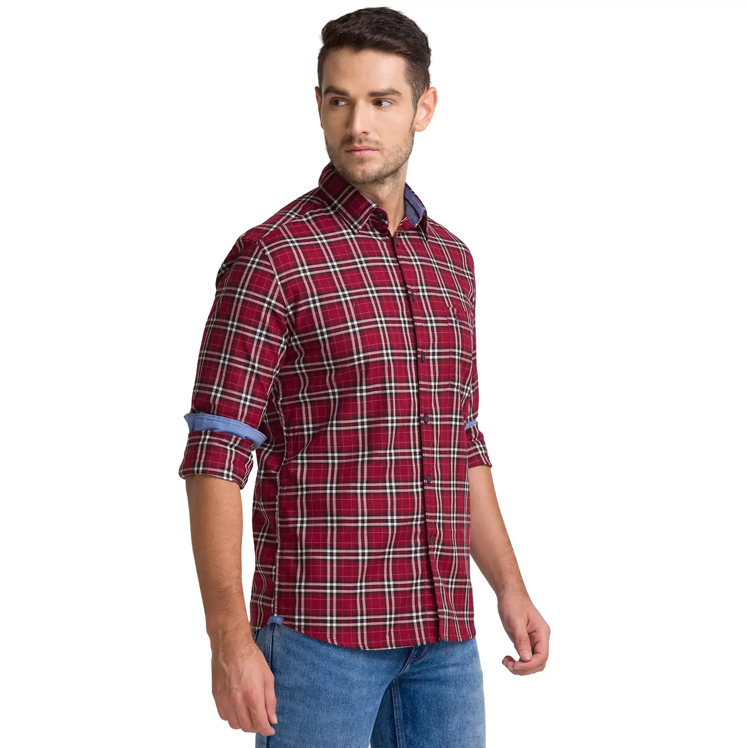 Men Red Slim Fit Checks Cotton Full Sleeve Shirts - Image 2