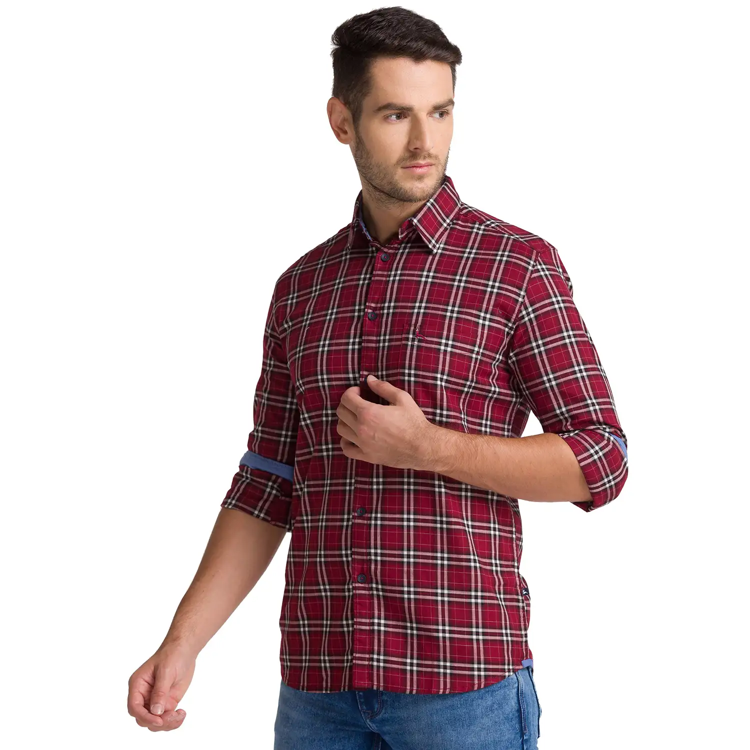 Men Red Slim Fit Checks Cotton Full Sleeve Shirts - Image 3