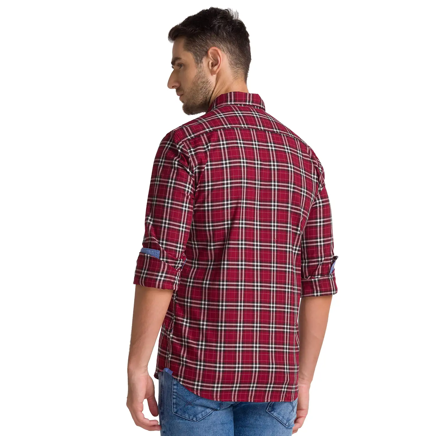 Men Red Slim Fit Checks Cotton Full Sleeve Shirts - Image 4