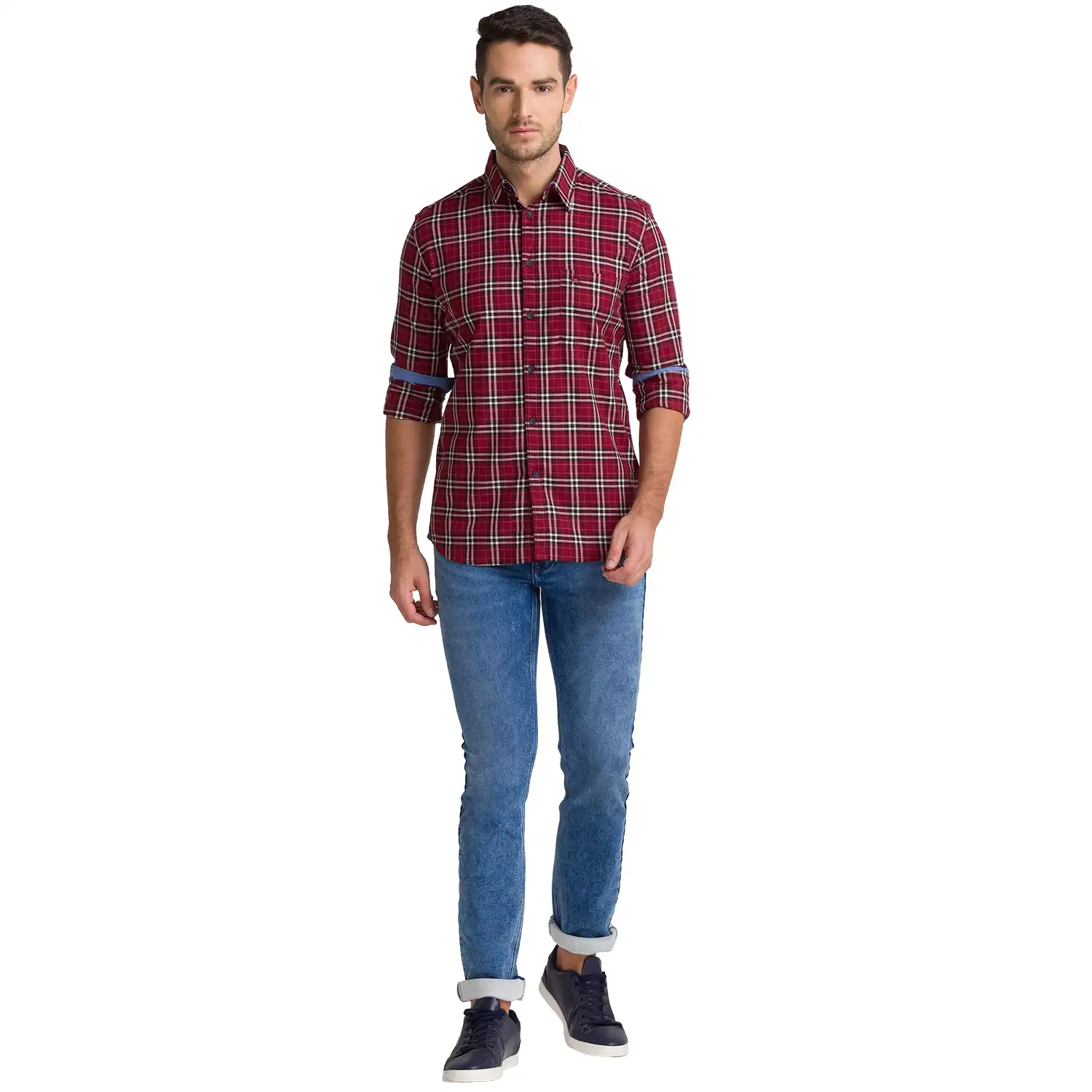 Men Red Slim Fit Checks Cotton Full Sleeve Shirts - Image 5