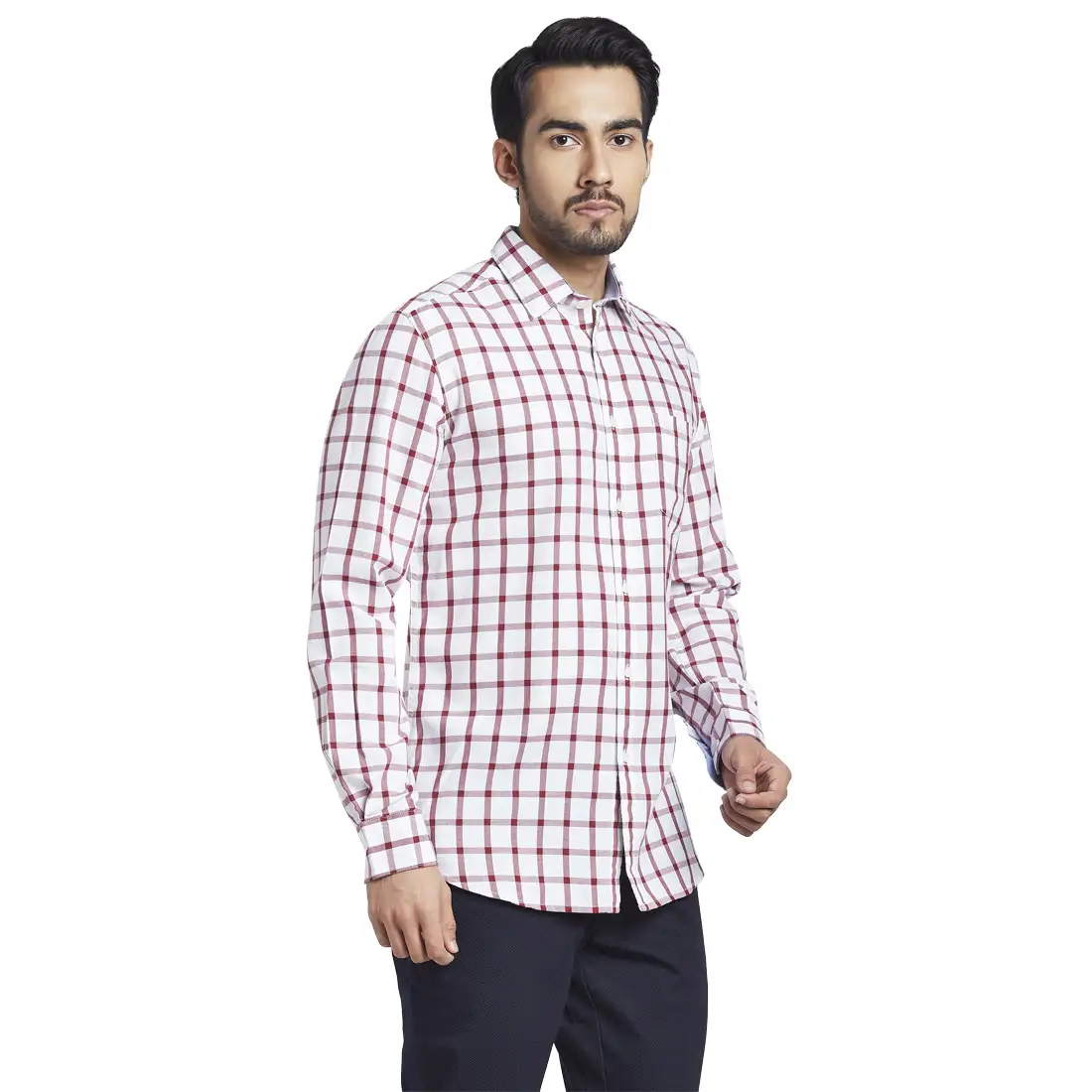 Men Red Slim Fit Checks Cotton Full Sleeve Shirts - Image 2