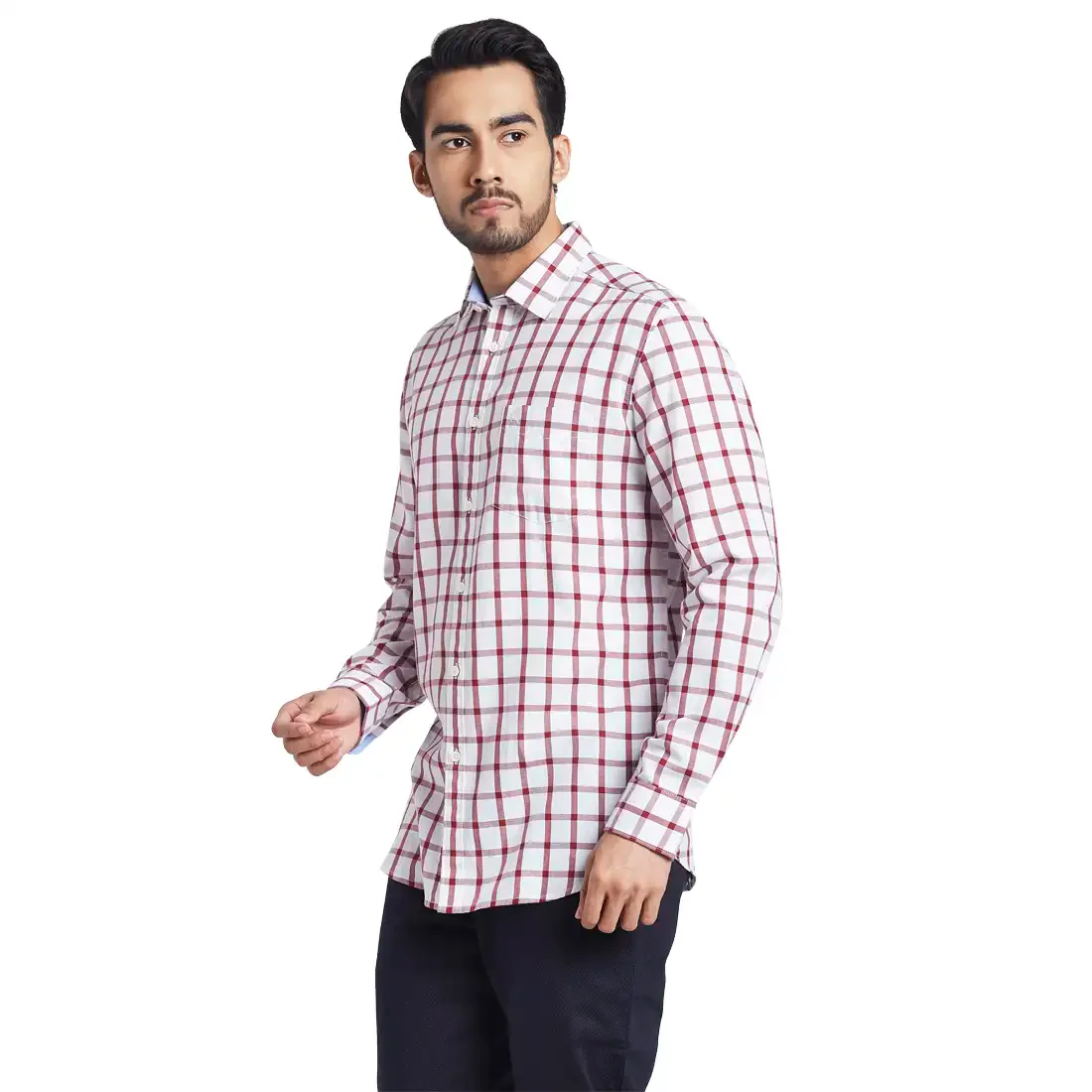Men Red Slim Fit Checks Cotton Full Sleeve Shirts - Image 3