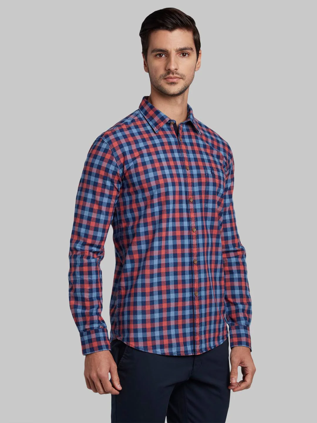Men Red Slim Fit Checks Cotton Full Sleeve Shirts - Image 2