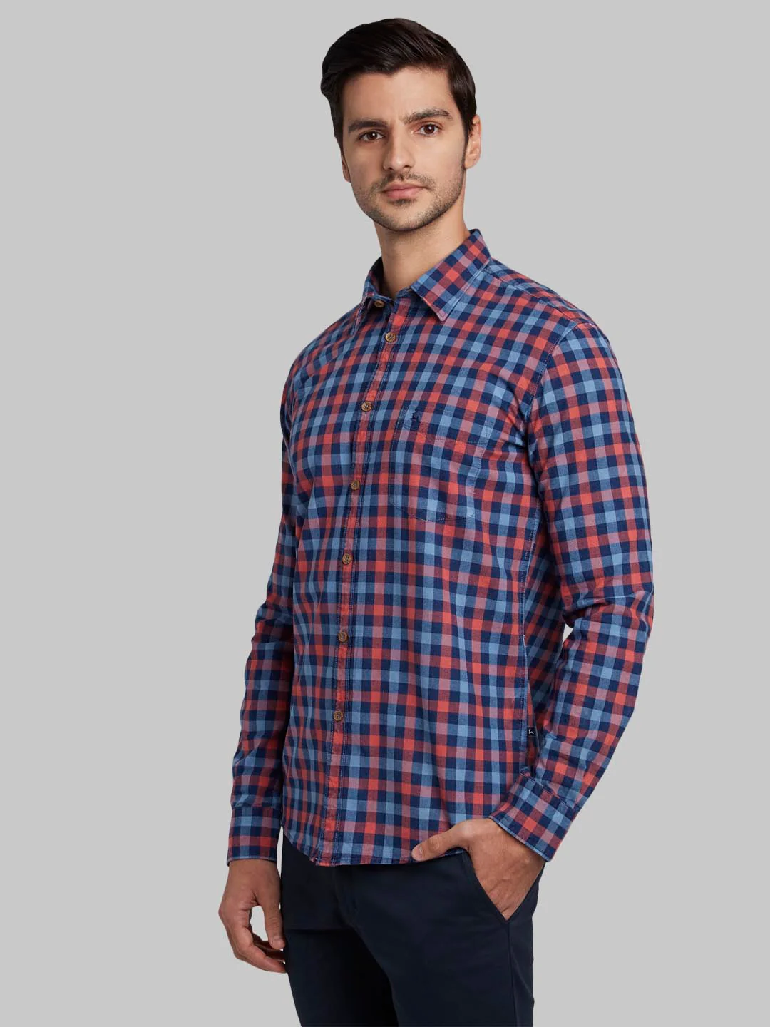 Men Red Slim Fit Checks Cotton Full Sleeve Shirts - Image 3