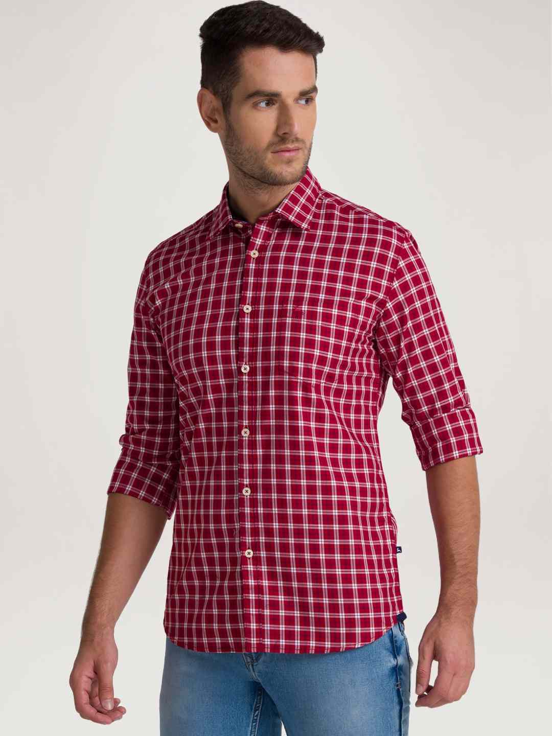 Men Red Slim Fit Checks Cotton Full Sleeve Shirts - Image 5
