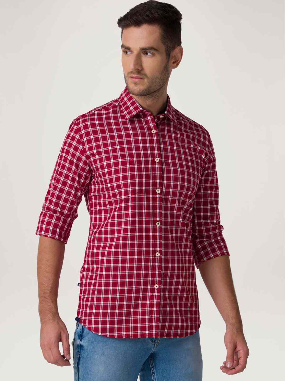 Men Red Slim Fit Checks Cotton Full Sleeve Shirts - Image 6