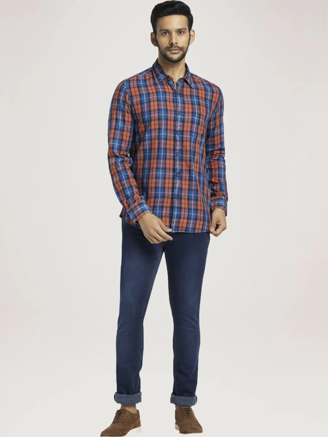 Men Red Slim Fit Checks Cotton Full Sleeve Shirts - Image 2
