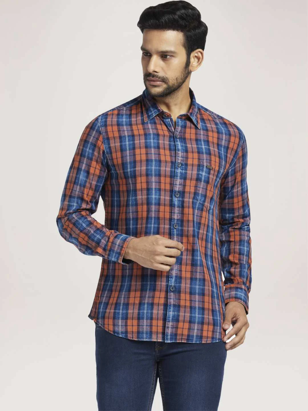 Men Red Slim Fit Checks Cotton Full Sleeve Shirts - Image 6