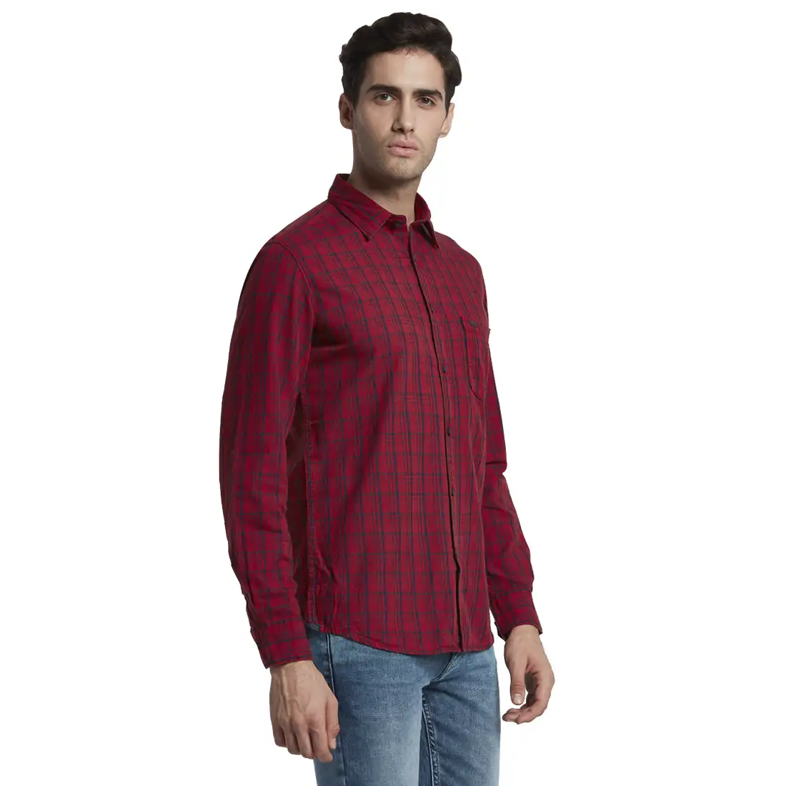 Men Red Slim Fit Checks Cotton Full Sleeve Shirts - Image 2