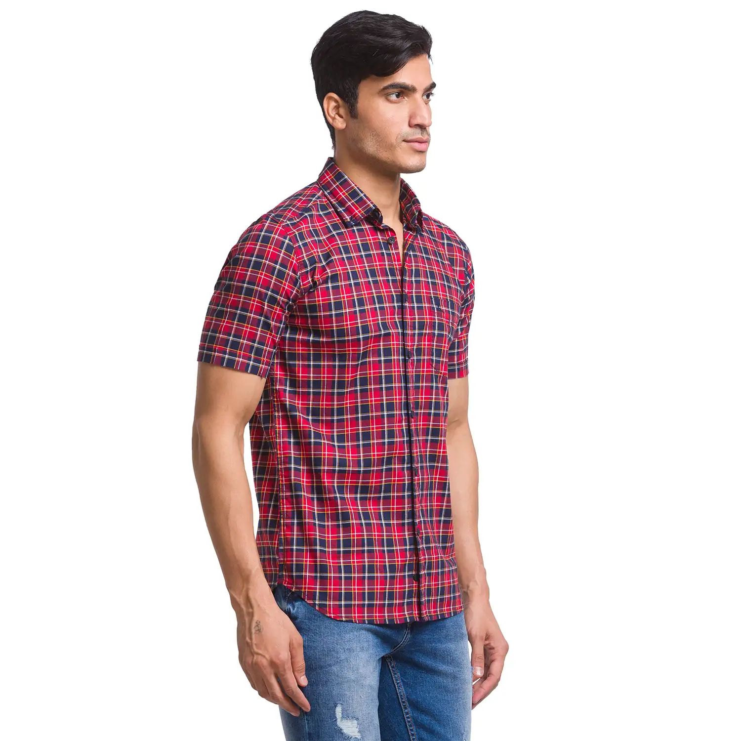 Men Red Slim Fit Checks Cotton Half Sleeve Shirts - Image 2