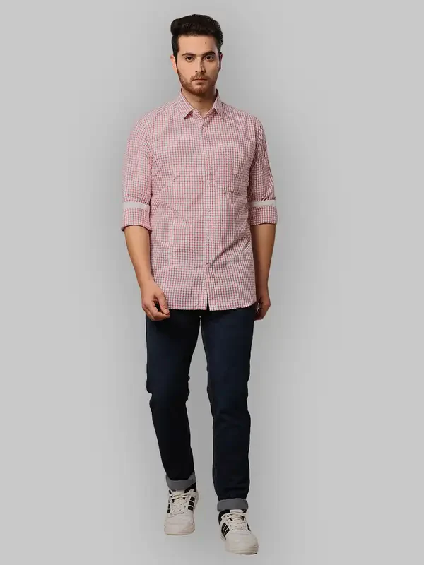 Men Red Slim Fit Checks Cotton Shirts - Image 5