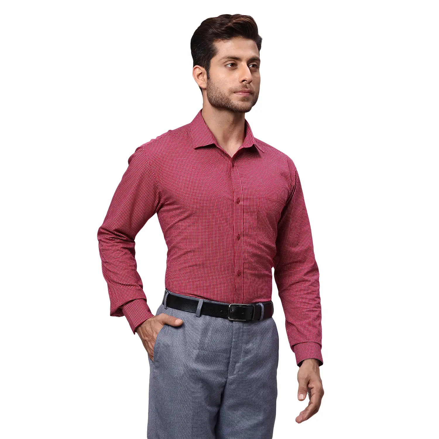 Park Avenue Men Red Slim Fit Checks Cotton Formal Shirt - Image 2