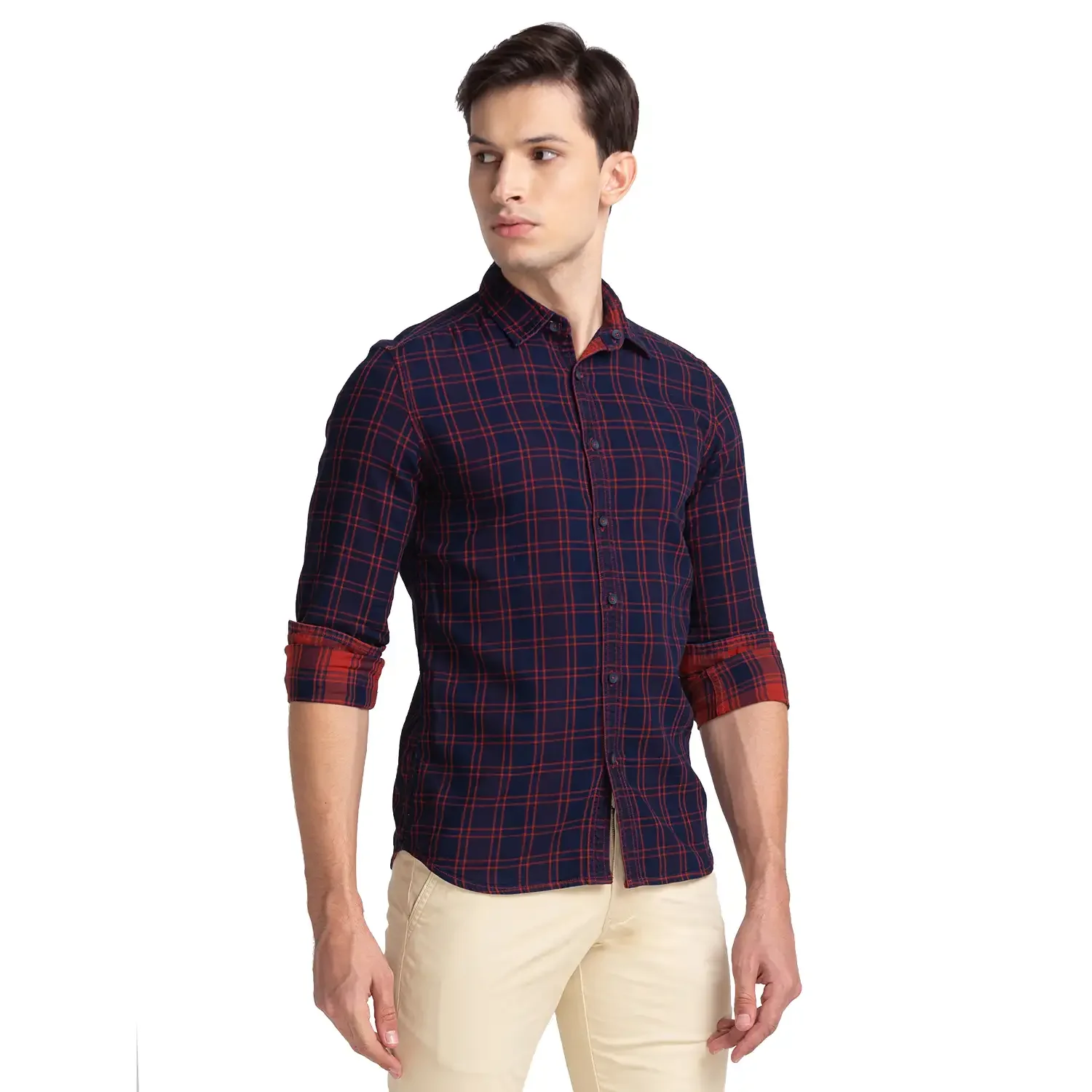 Men Red Slim Fit Checks Cotton Shirts - Image 2