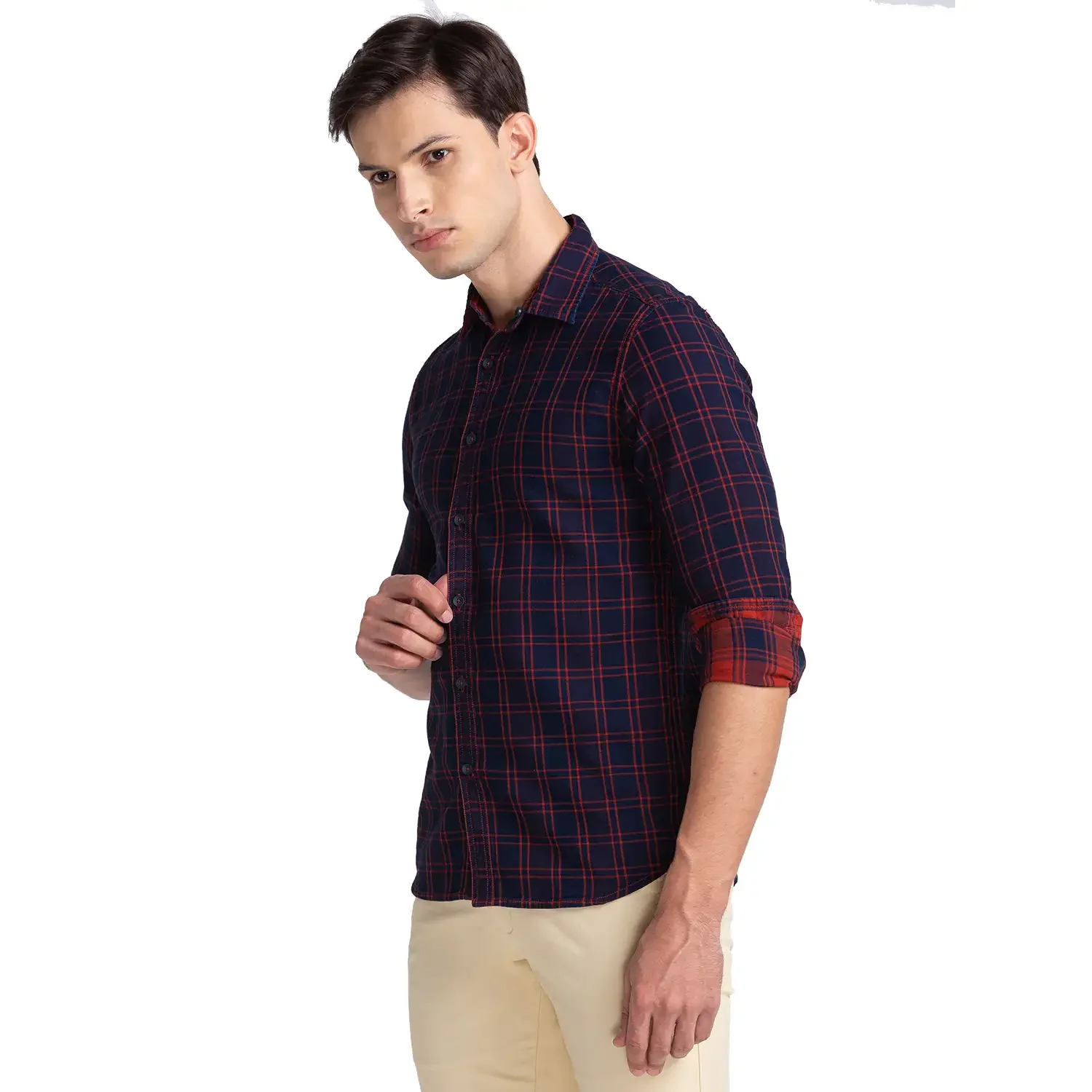 Men Red Slim Fit Checks Cotton Shirts - Image 3