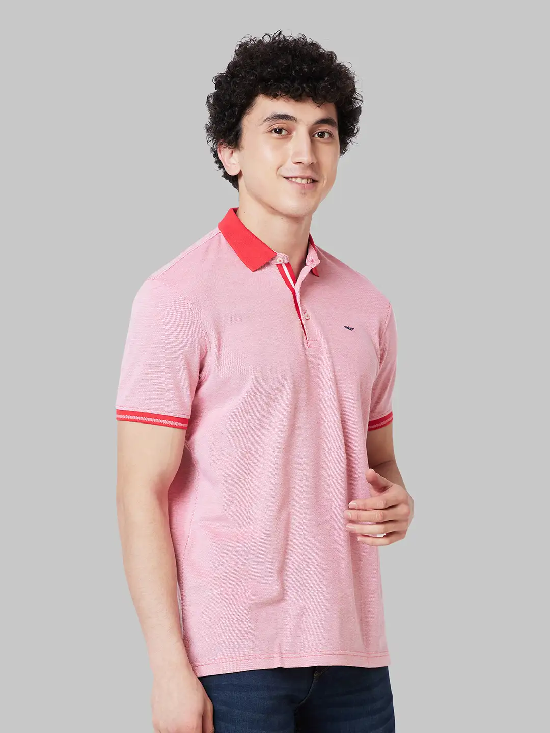 Men Red Slim Fit Pique� Cotton Round Neck Collar Polo T-Shirt - Image 2