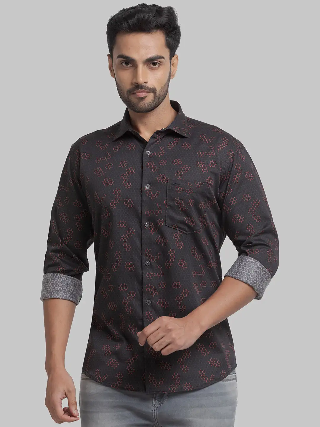 Men Red Slim Fit Print Cotton Cut Away Collar Shirts