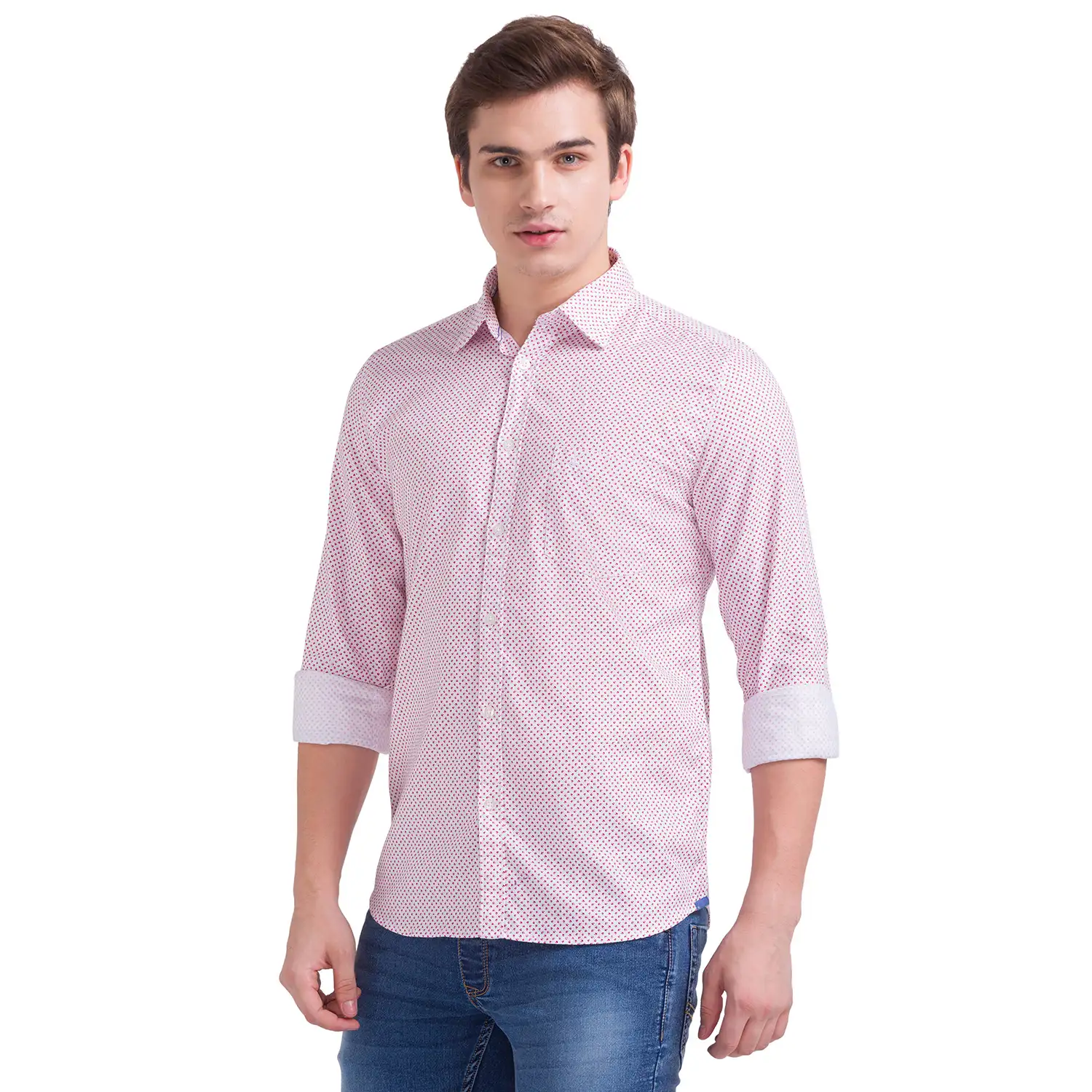 Men Red Slim Fit Print Cotton Full Sleeve Shirts - Image 3