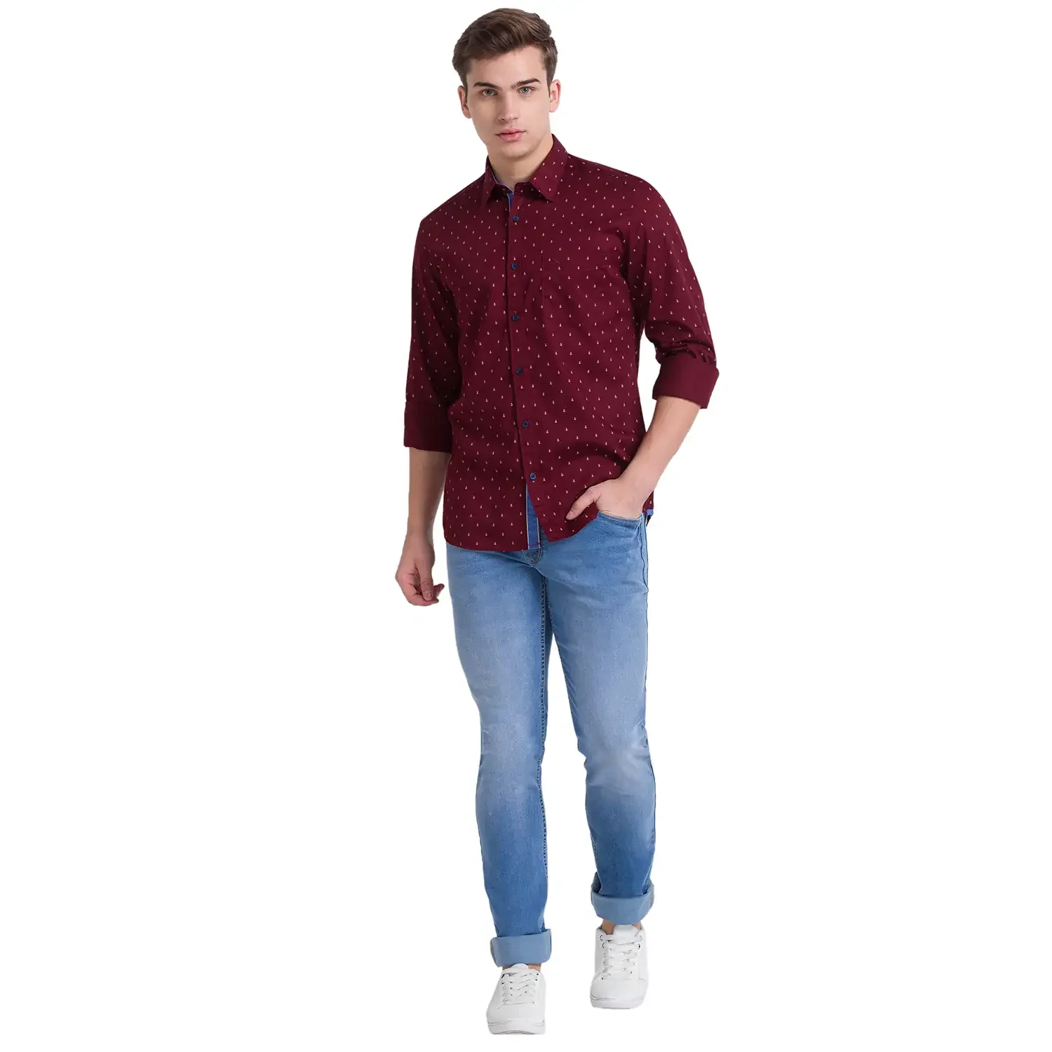 Men Red Slim Fit Print Cotton Full Sleeve Shirts - Image 5