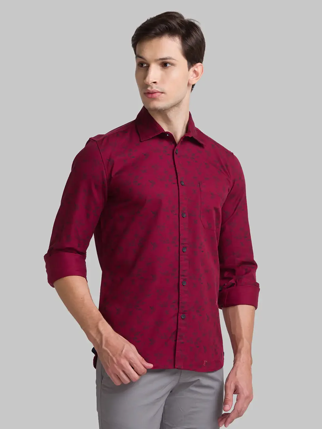 Men Red Slim Fit Print Cotton Full Sleeve Shirts - Image 2