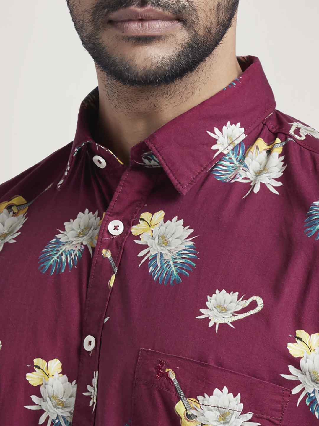 Men Red Slim Fit Print Cotton Full Sleeve Shirts