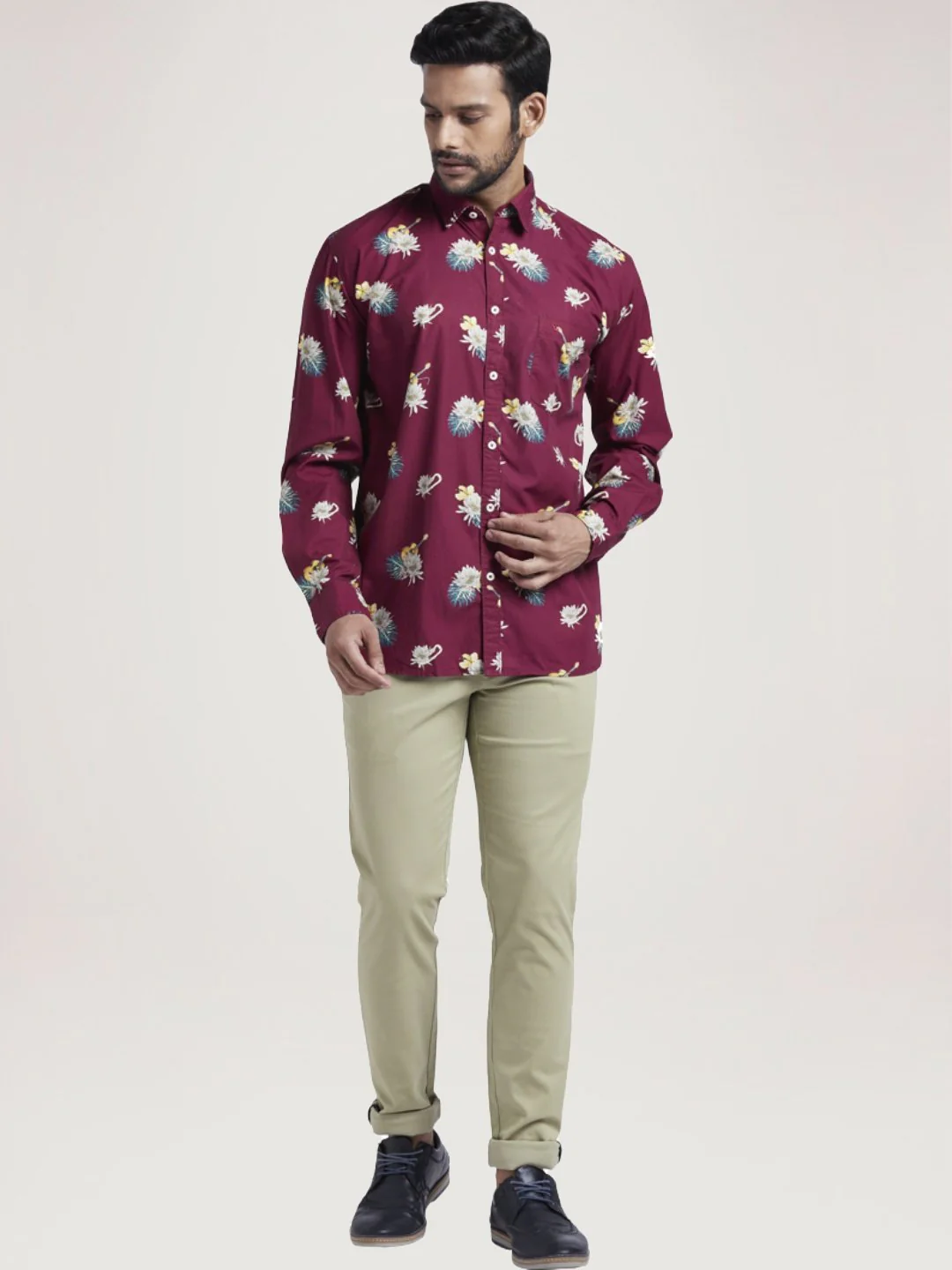 Men Red Slim Fit Print Cotton Full Sleeve Shirts - Image 2