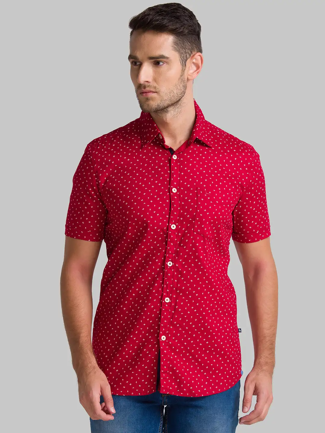 Men Red Slim Fit Print Cotton Half Sleeve Shirts