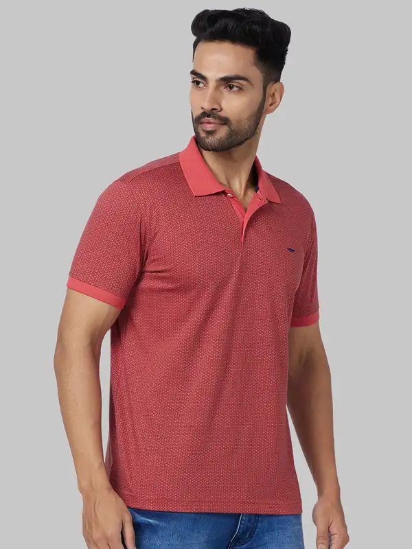 Men Red Slim Fit Print Cotton Polyester Blend Round Neck Collar Polo T-Shirt - Image 2