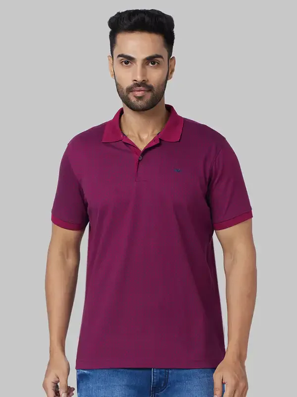 Men Red Slim Fit Print Cotton Polyester Blend Round Neck Collar Polo T-Shirt