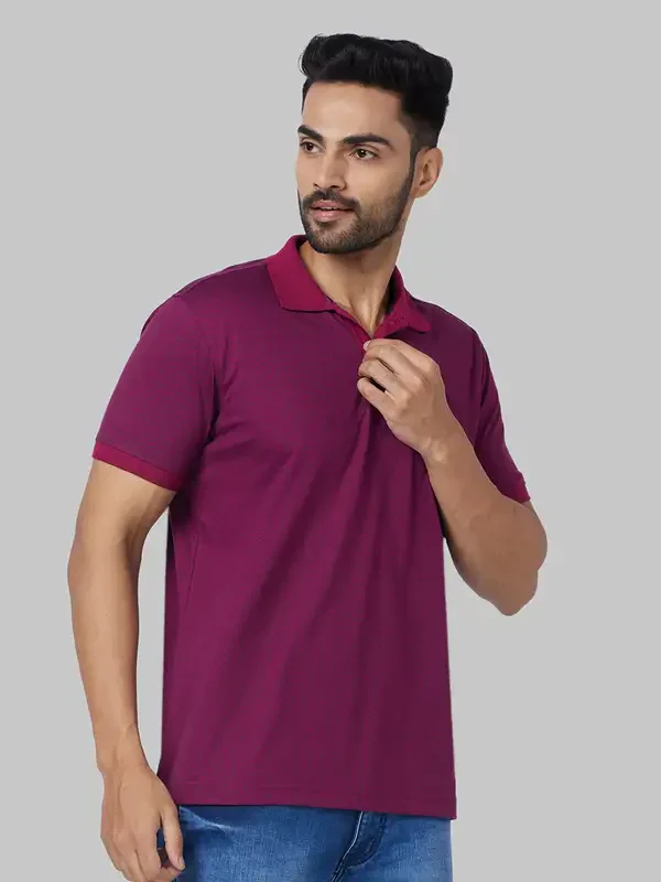 Men Red Slim Fit Print Cotton Polyester Blend Round Neck Collar Polo T-Shirt - Image 2