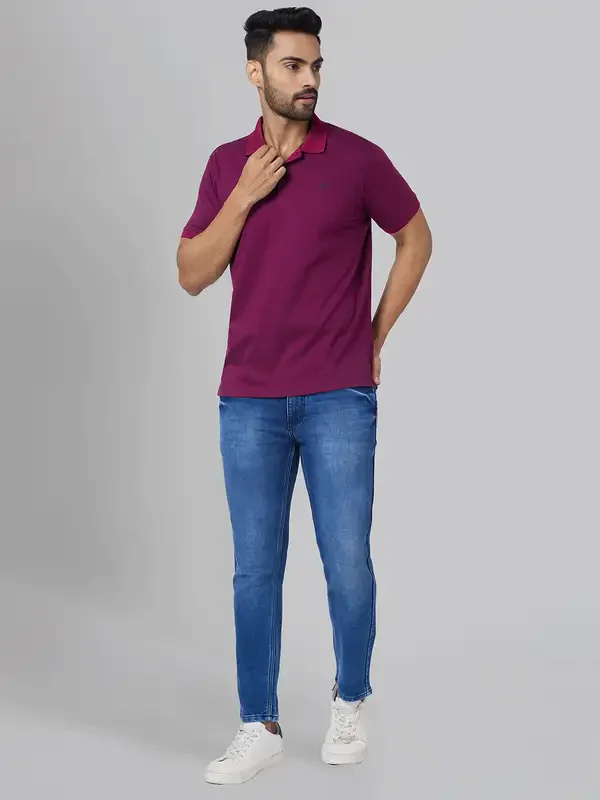 Men Red Slim Fit Print Cotton Polyester Blend Round Neck Collar Polo T-Shirt - Image 5
