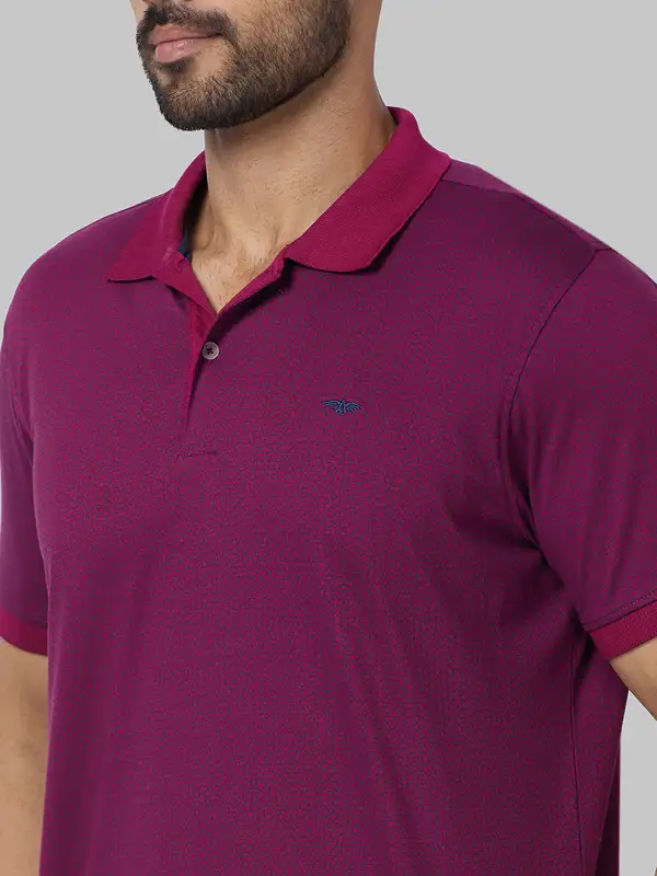 Men Red Slim Fit Print Cotton Polyester Blend Round Neck Collar Polo T-Shirt - Image 6