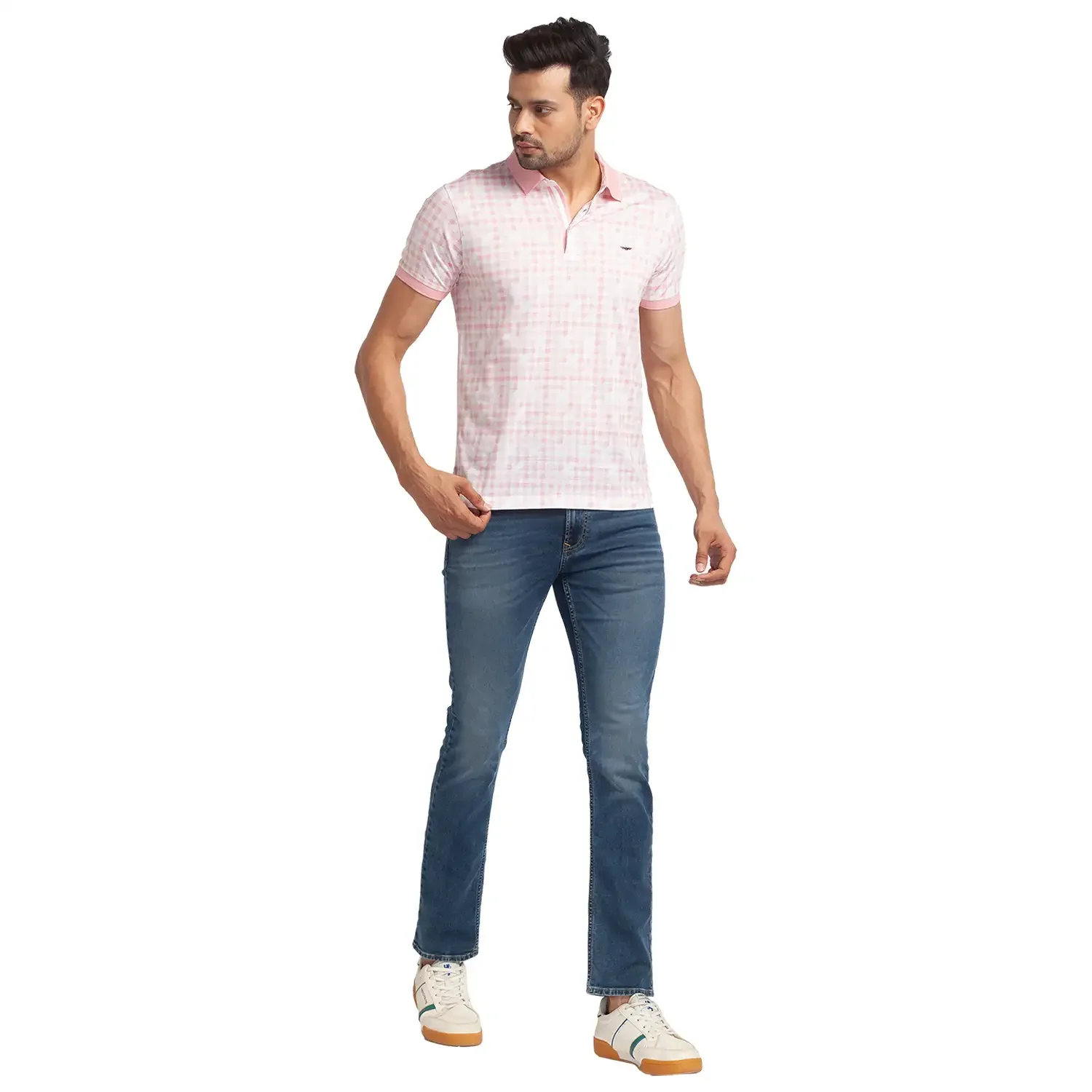 Men Red Slim Fit Print Cotton Round Neck Collar Polo T-Shirt - Image 5