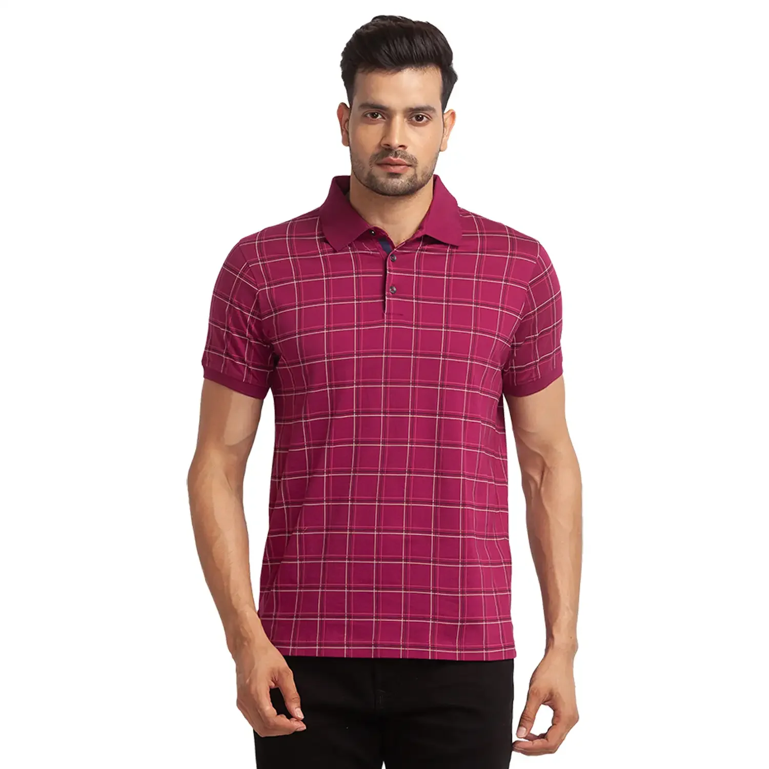 Men Red Slim Fit Print Cotton Round Neck Collar Polo T-Shirt