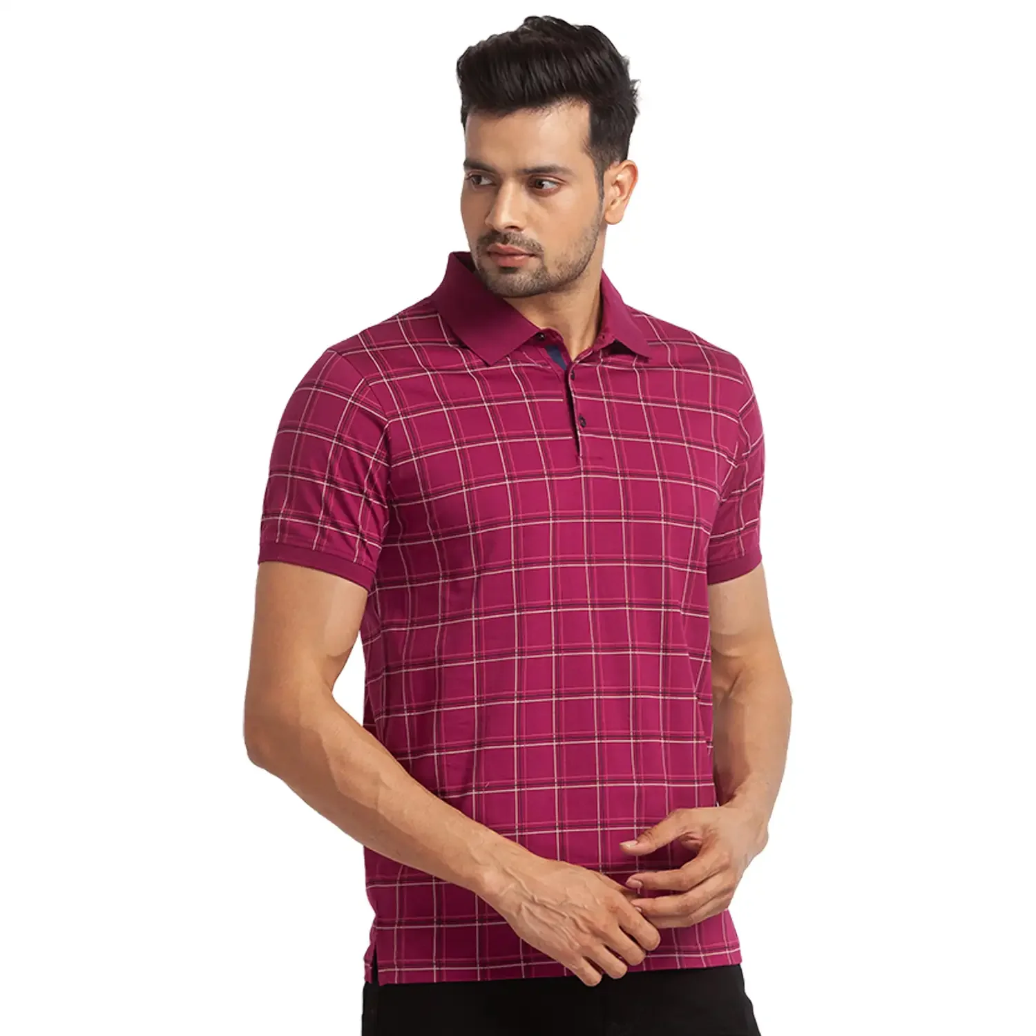 Men Red Slim Fit Print Cotton Round Neck Collar Polo T-Shirt - Image 2