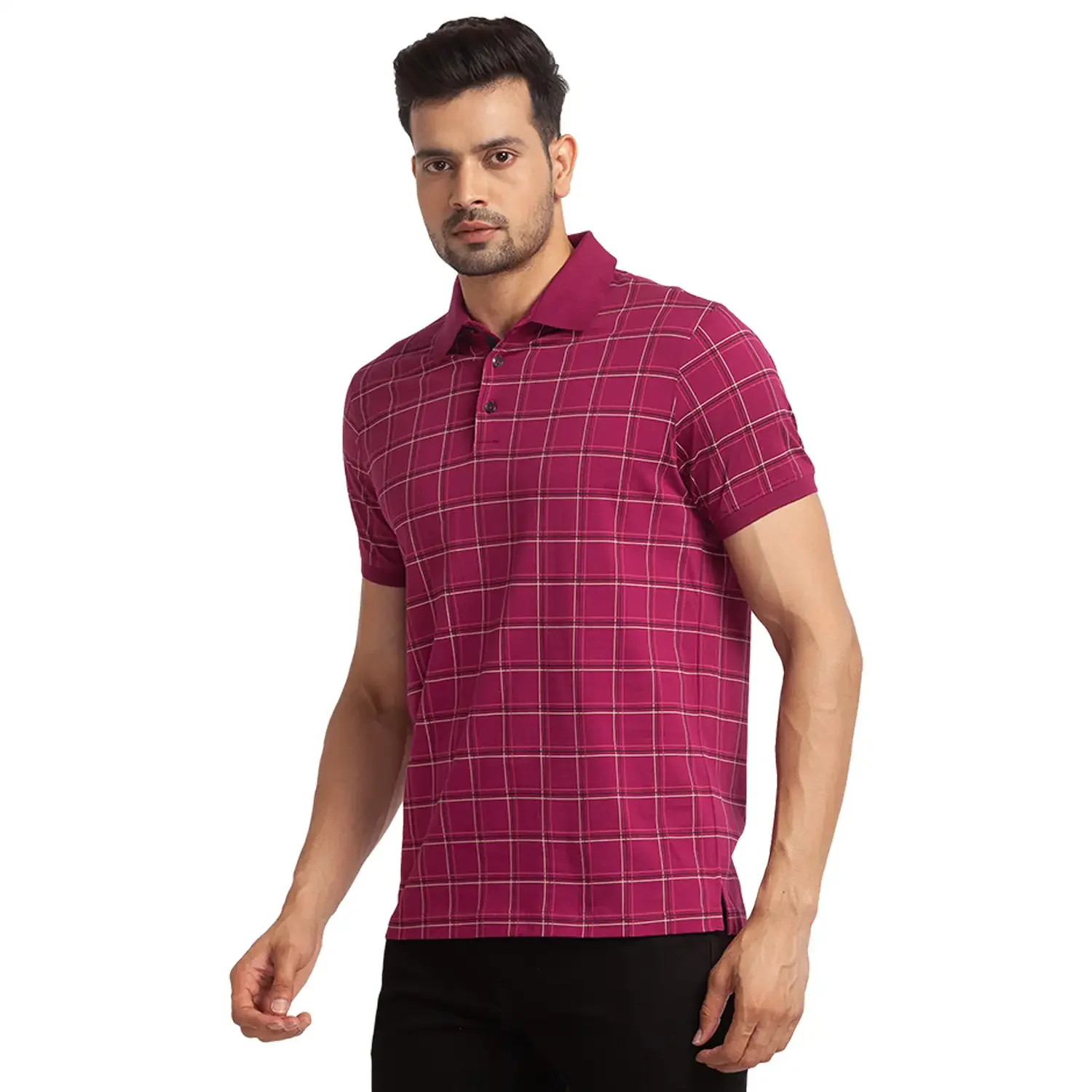 Men Red Slim Fit Print Cotton Round Neck Collar Polo T-Shirt - Image 3