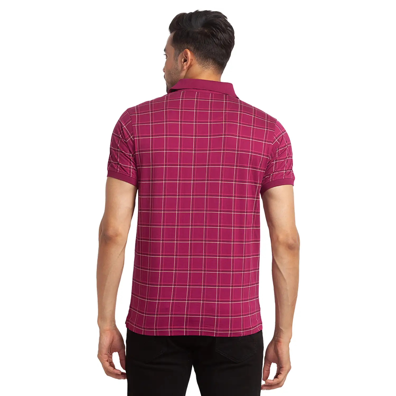 Men Red Slim Fit Print Cotton Round Neck Collar Polo T-Shirt - Image 4