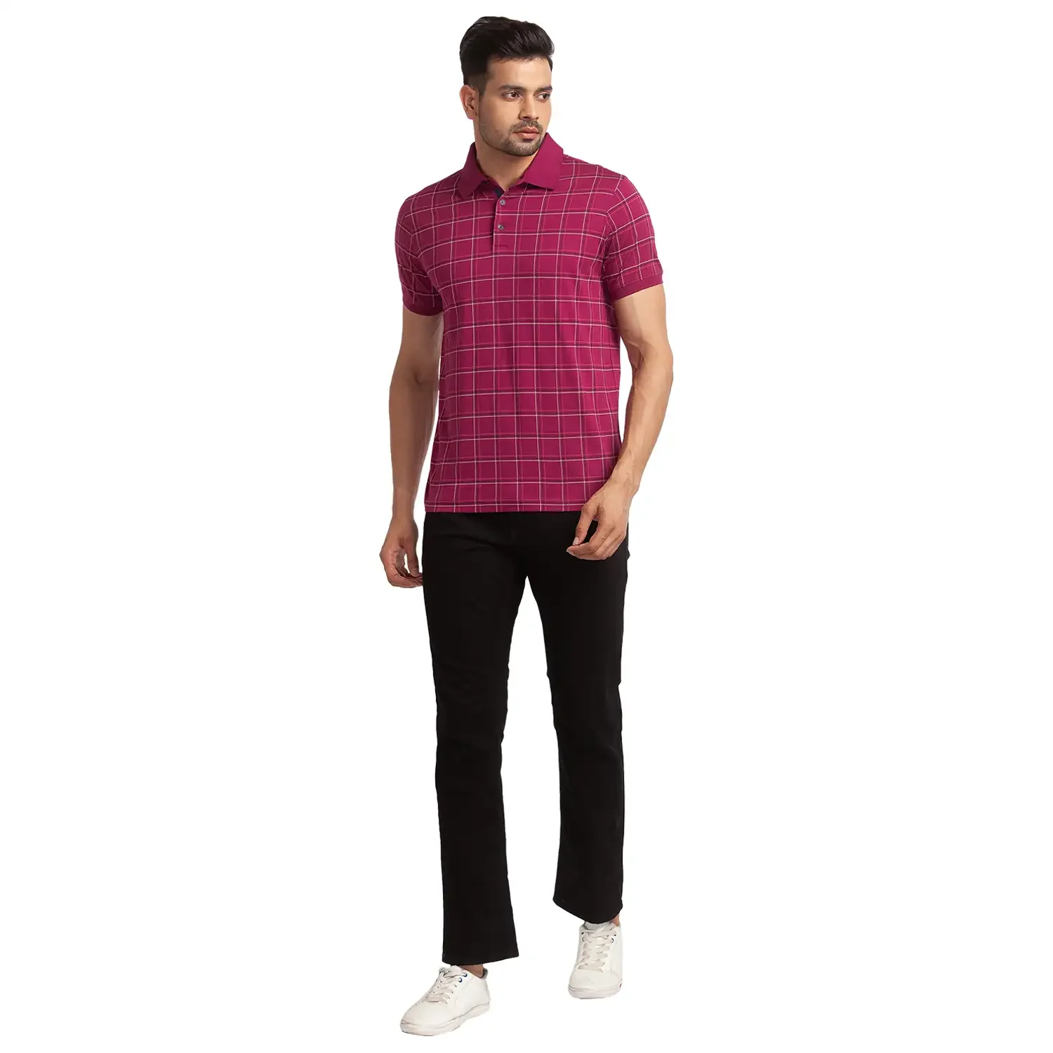 Men Red Slim Fit Print Cotton Round Neck Collar Polo T-Shirt - Image 5