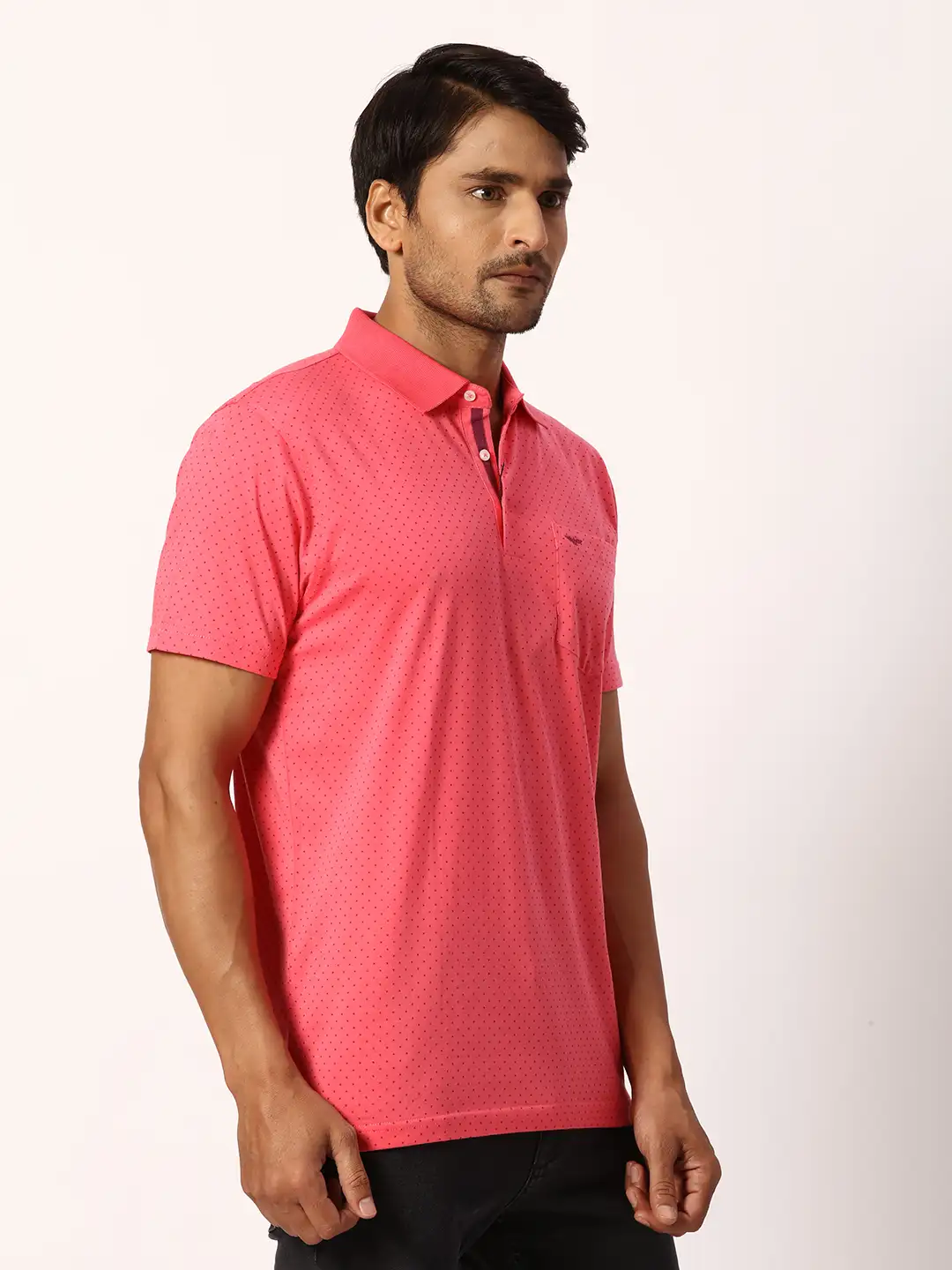 Men Red Slim Fit Print Cotton Round Neck Collar Polo T-Shirt - Image 2