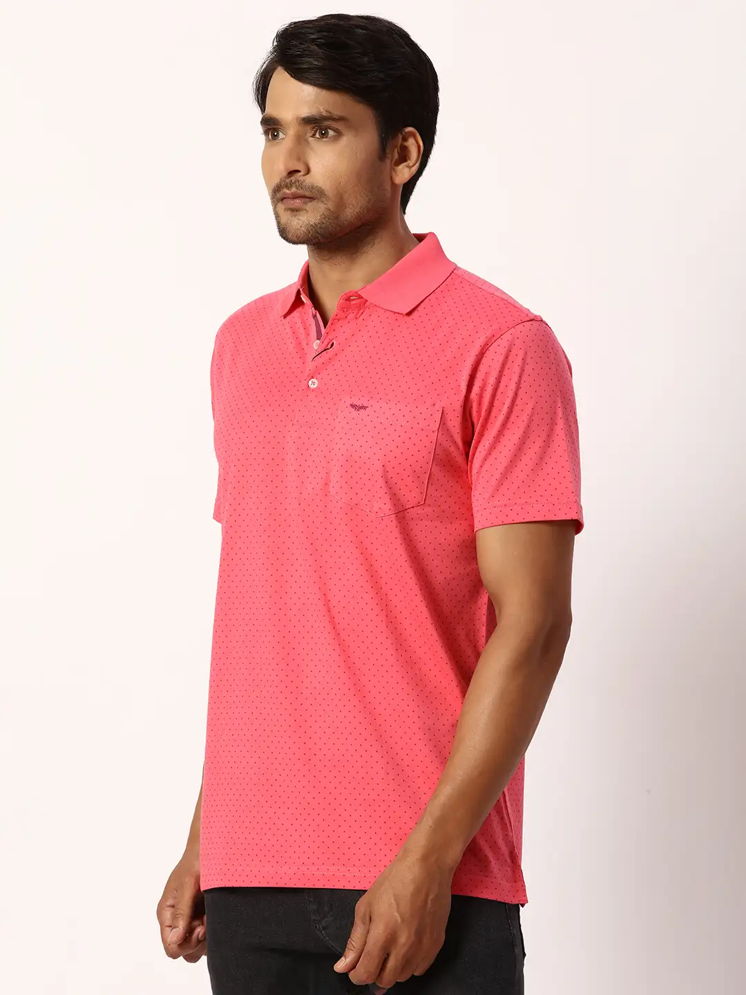 Men Red Slim Fit Print Cotton Round Neck Collar Polo T-Shirt - Image 3