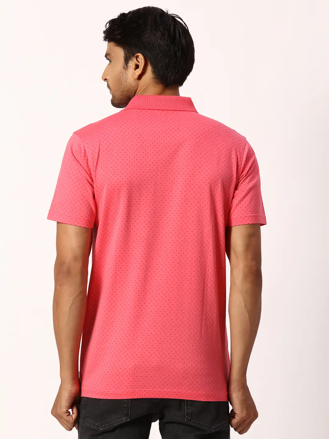 Men Red Slim Fit Print Cotton Round Neck Collar Polo T-Shirt - Image 4