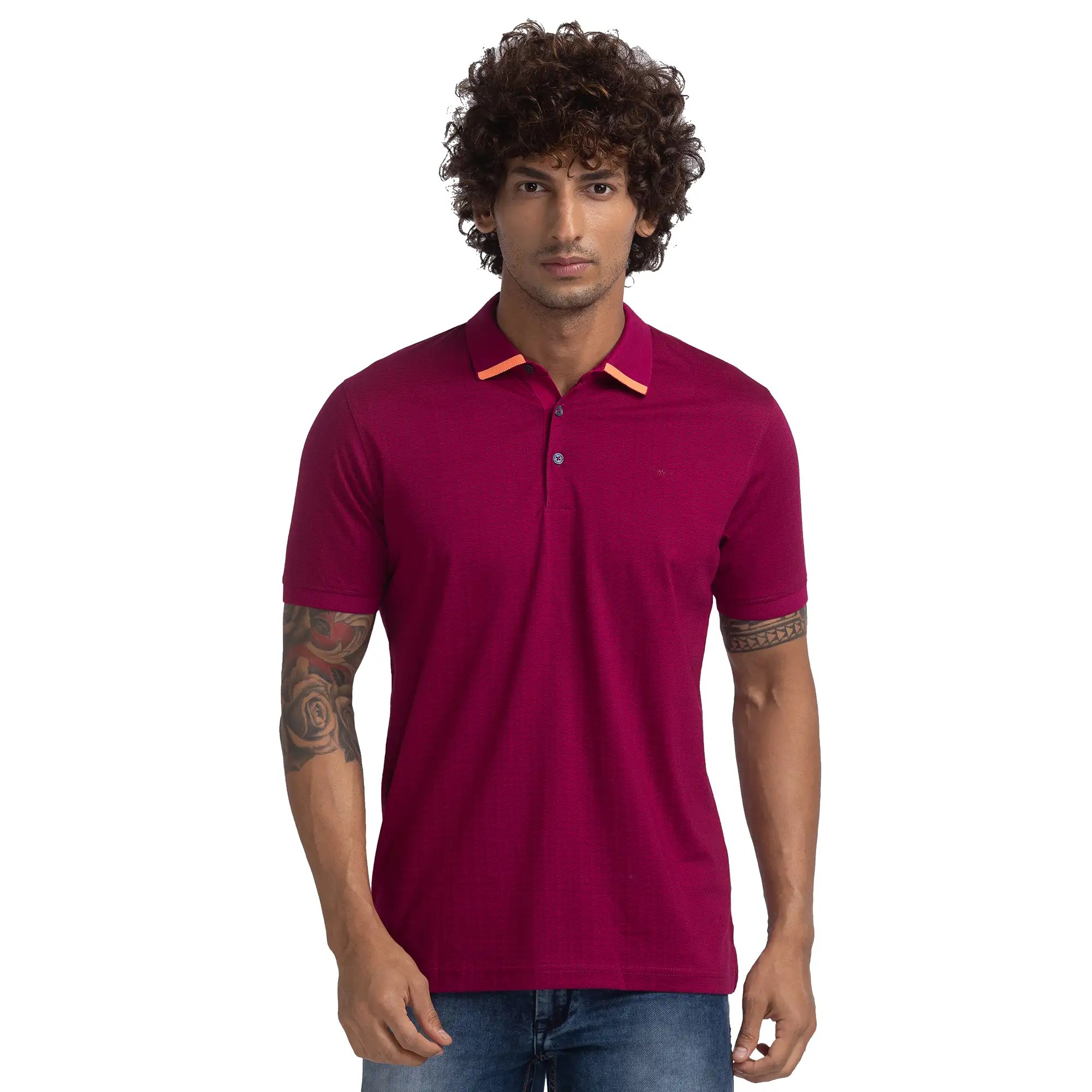 Men Red Slim Fit Print Cotton Round Neck Collar Polo T-Shirt